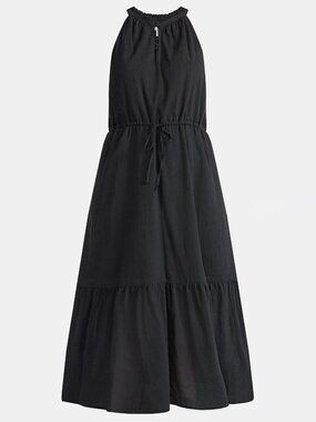 NWT, SZ L (12-14) COTTON Blend, Tonal Stripe, Halter Midi Sundress, Black